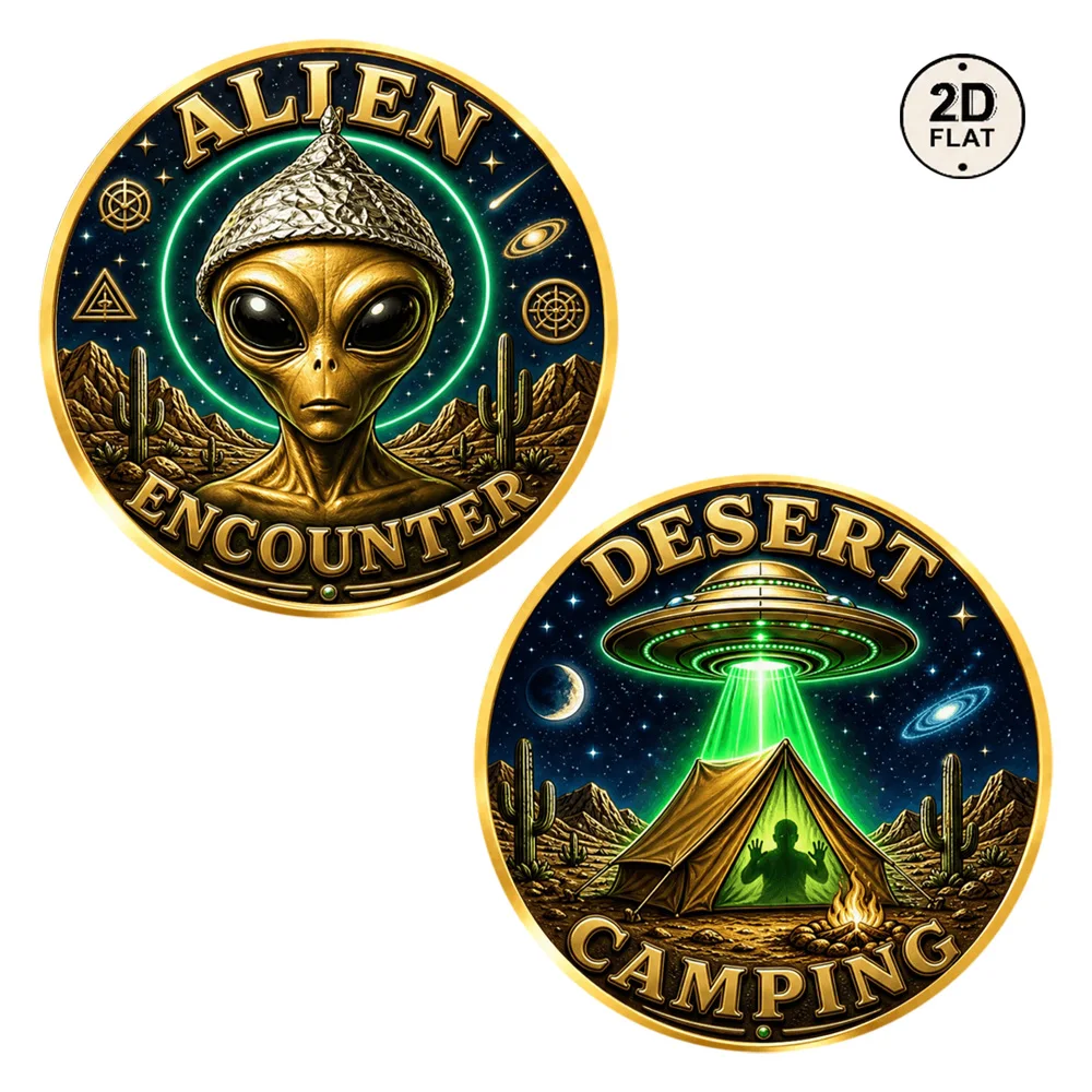1pc UFO Alien Commemorative Coin Tin Foil Hat Alien Desert Camping UFO Abduction 2D Print Metal Token Gift for Sci-Fi Fans