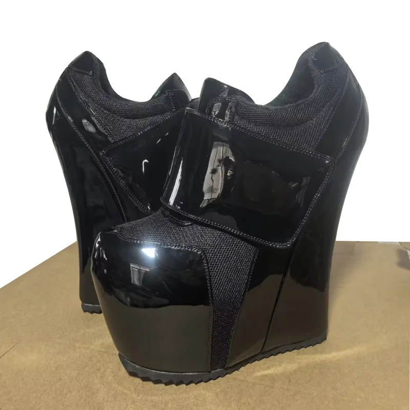 DIZHUANG Fashionable women's high heels. Black patent leather spliced mesh fabric. About 20cm heel height. Casual shoes. Wedges
