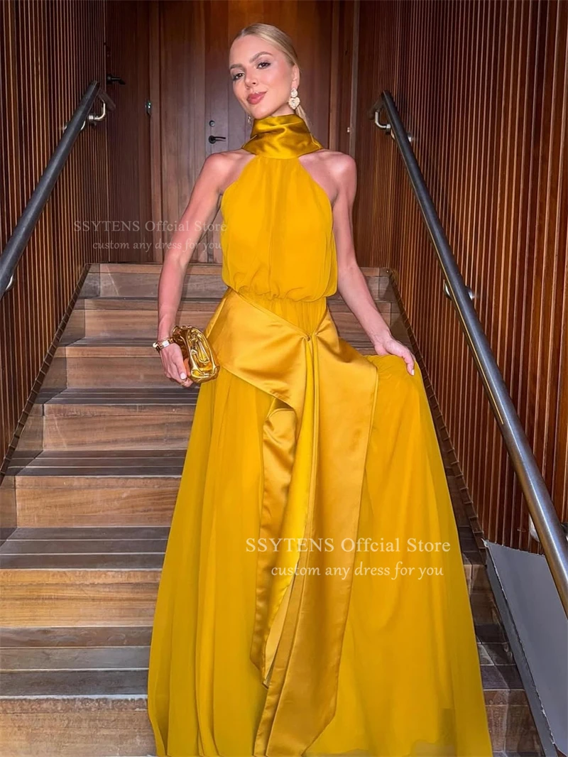 SSYTENS Halter amarillo una línea vestidos de graduación sin mangas vestidos de fiesta formales hasta el suelo vestido de noche vestidos de fiesta personalizados
