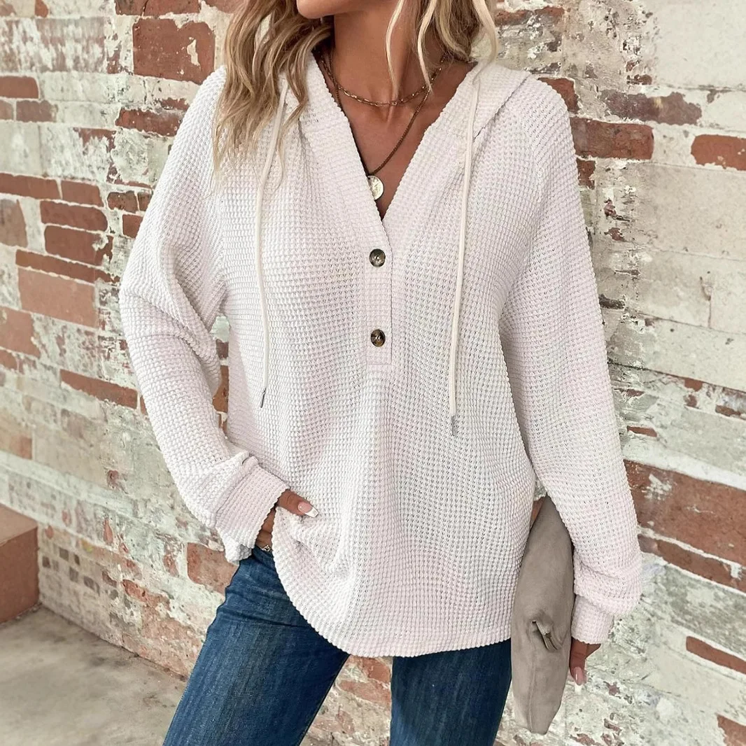 

2025 Women Autumn Solid Color V-neck Hooded Button Loose Pullover Women's Fashionable Casual Versatile Loose Pullover Sueter Top