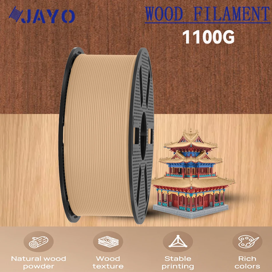 JAYO 1100G Filamento 3D in Legno PLA 1,75mm 1,1KG/Rotolo Filamento per Stampante 3D con Texture in Legno 10% Fibra di Legno Materiali per Stampa 3D