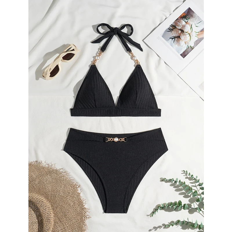

New Triangle Bikinis Push Up Swimwear Women Black Bikini Set Two Pieces Swimsuit High Waist Bathing Suits Chain Linked Beachwear