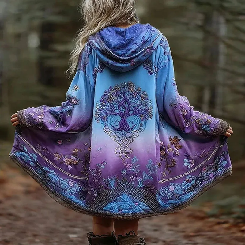 Halloween Costume Woman Pattern Print Retro Trench Coat New Fashion Loose Long Hooded Cardigan Autumn Long Sleeve Hoodies Jacket