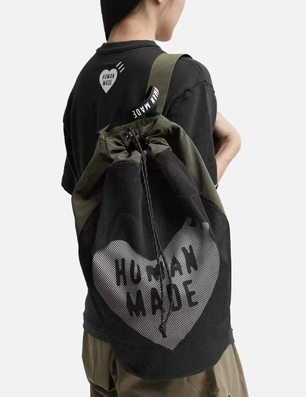 2026 New HUMAN MADE Breathable Mesh Drawstring Backpack Heart Print Functional Sling Bag For Casual Outings
