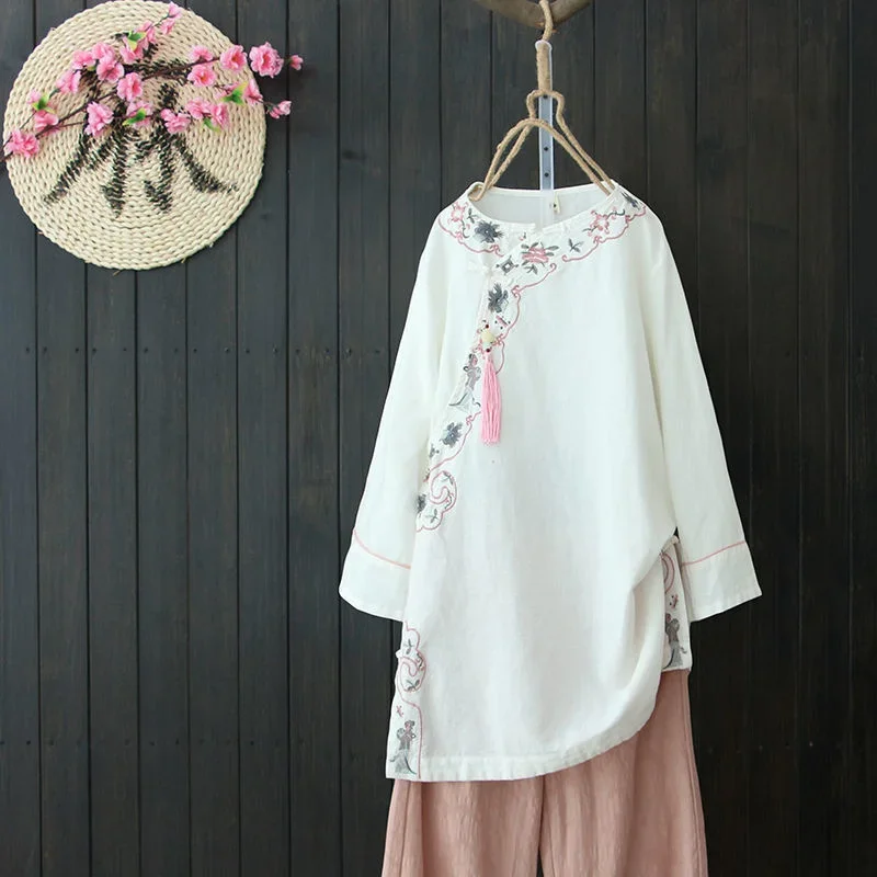 Cotton Linen Embroidery Hanfu Top Pants Two Pieces Chinese Style Retro Women Tang Suit Shirt Set China Traditional Loose O-neck