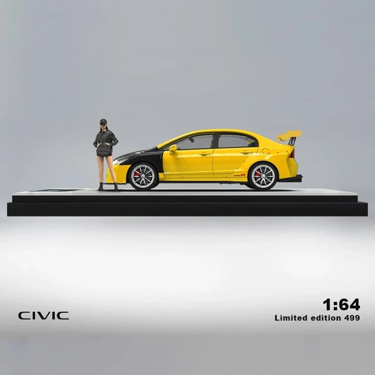 TPC 1:64 Honda Civic Type-R FD2 Diecast Car Model (2 SKUs: With/Without Figure) Yellow Carbon Cover Limited Edition In Stock