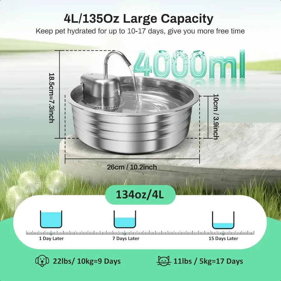 نافورة مياه للقطط 4L 135OZ نافورة من الفولاذ المقاوم للصدأ للحيوانات الأليفة موزع مياه للكلب وعاء نافورة شرب للقطط سقي مع الترا