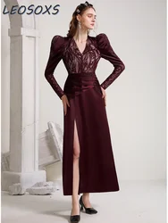 LEOSOXS Designer Celebrity Dress New Year Elegant Temperament Sexy V-Neck Long Sleeve Waist Red Lace Dress Autumn Commuter Dress