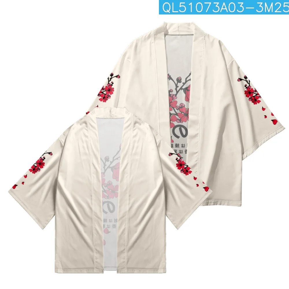 

Plum Blossom Printed Japanese Beach Yukata Kimono Oversized Haori Obi Summer Women Men Cardigan Shirt Asian Clothing