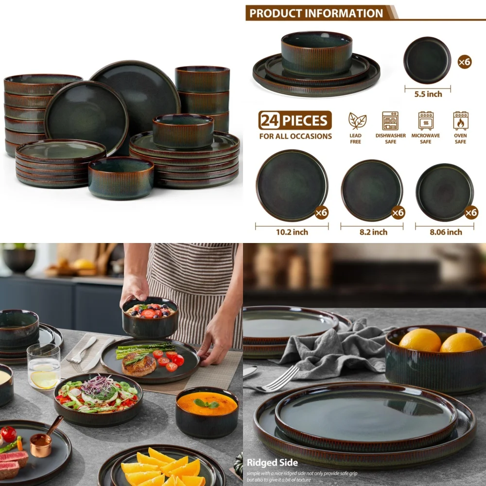 

Набор керамической посуды Набор столовой посуды в рубчик из 24 предметов с мисками для пасты идеально подходит для современной столовой