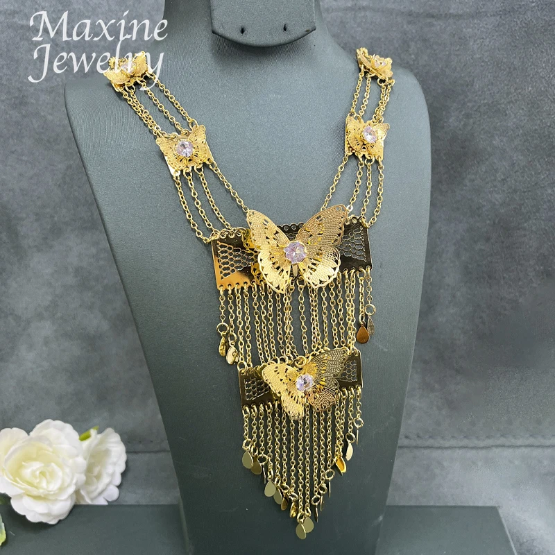 Daily Wear 18K Gold Plated Jewelry Set Earrings Tassel Butterfly Necklace for Women Anniversary Party Dubai Bridal Wedding Gifts