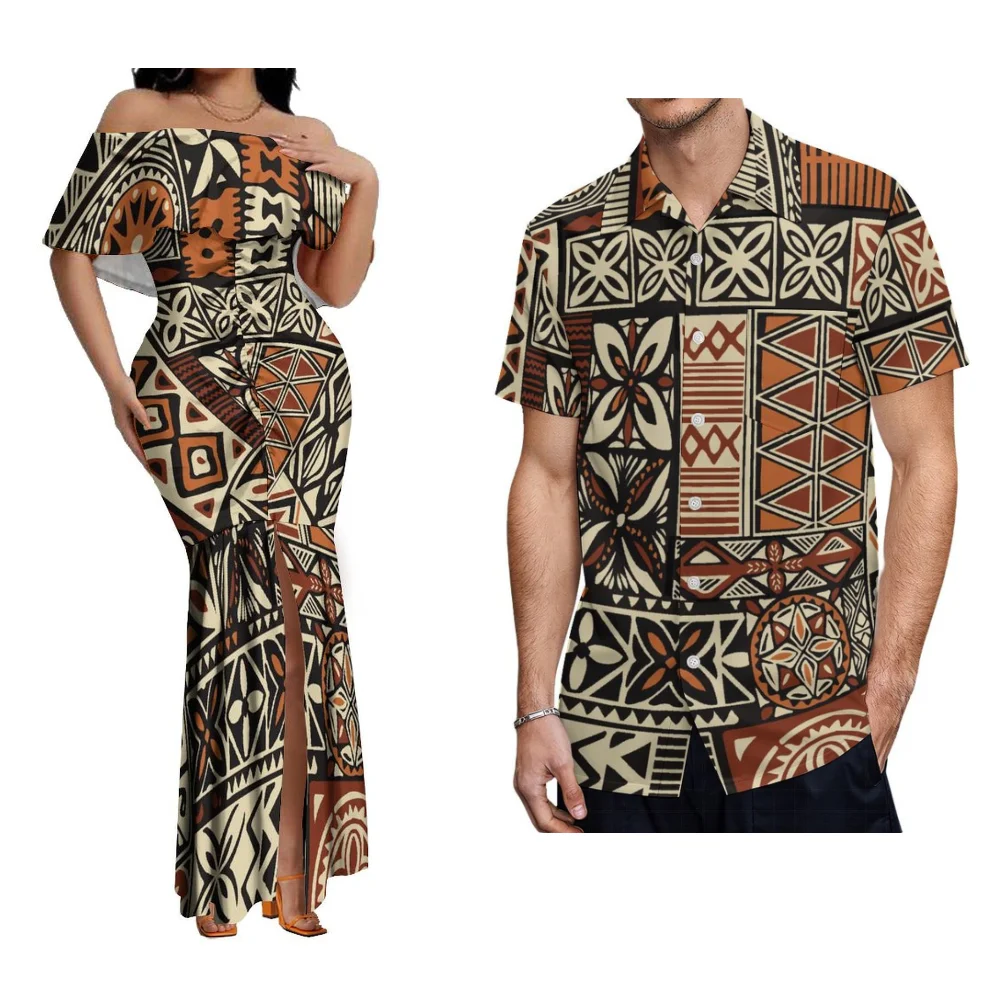 Women'S Slim Dress Lotus Leaf Shoulder Elegant Design Temperament Slit Skirt Custom Polynesian Couple Suit Men'S Shirt