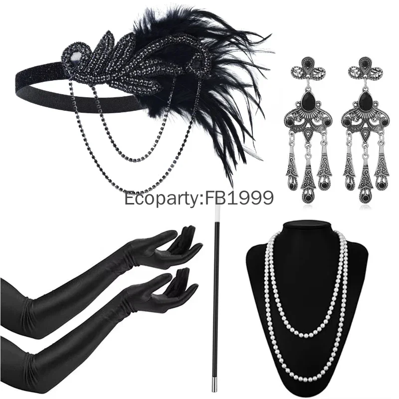 

1920s Flapper Accessories for Women Vintage Gatsby Party Rhinestone Headband Gloves Necklace Set Cocktail Party Costume Props