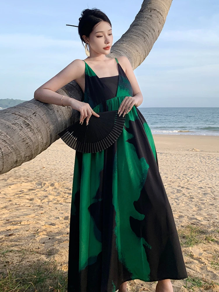 

New In Dress for Women 2023 Summer Print Square Collar Dress Long Oversized Green Spaghetti Strap Beach Dress Fashion Streetwear