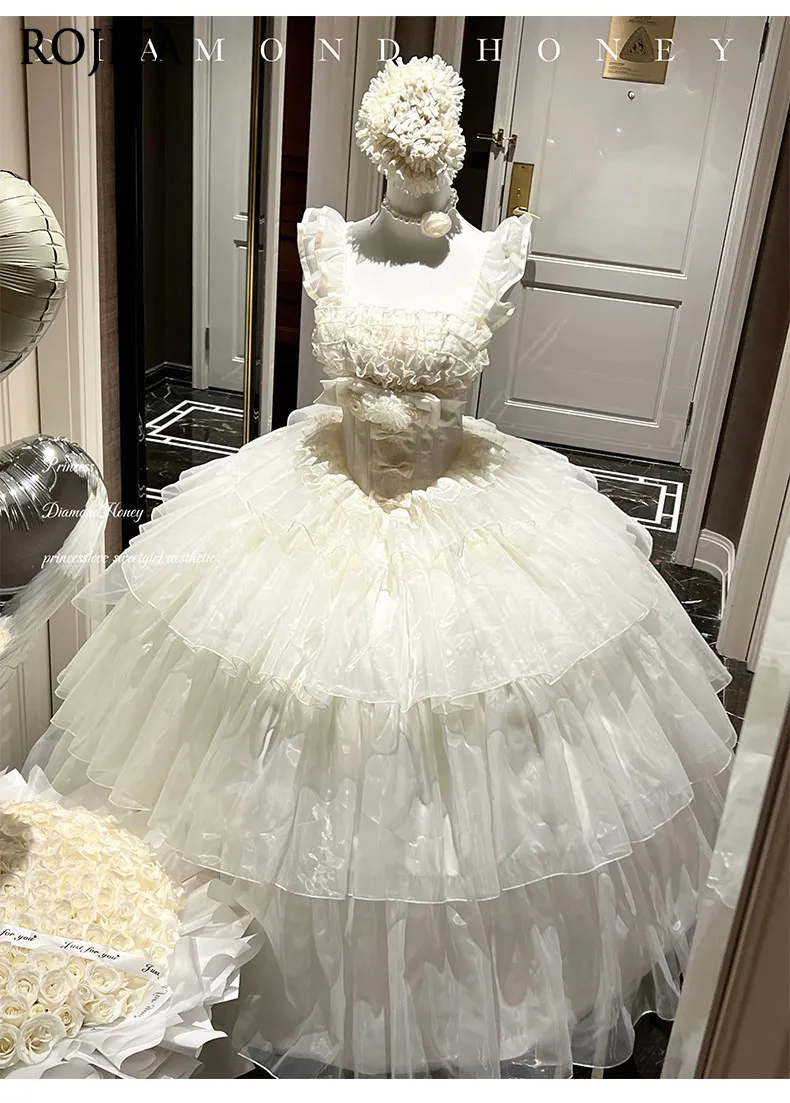 Beige Temperament Dress Autumn and Winter Gentle Light Flower Wedding Dress Birthday Party Dress Prom Dresses