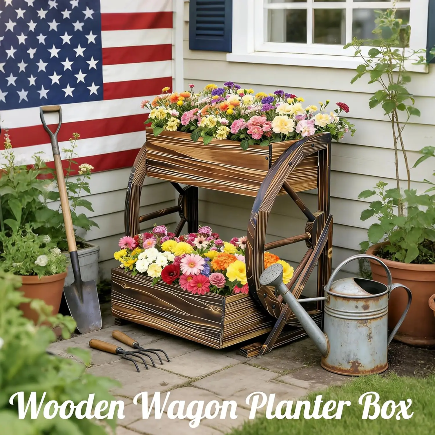 Indoor/Outdoor Wooden Wagon Garden Planter with Wheels, 2 Tier for Flowers, Herbs and Vegetables