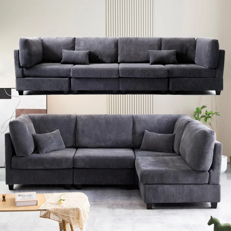 Earn Free Combination Reversible Modular Sectional Movable Ottoman,L Shaped Convertible Sleeper Corner Couch with Solid Wood Leg