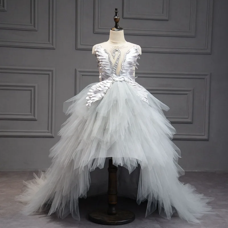 Swan Crystal Tulle Trailing Flower Girl Dresses Ball Gown Kids Pageant Dress Birthday Party High-end Feather Princess Dresses