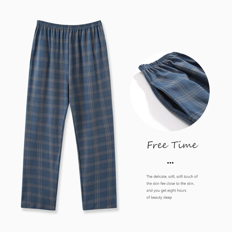 

Casual Knitted Cotton Mens Plaid Sleepwear Trousers Loose Elastic Waist Long Pants Homewear Breathable Male Lounge Sleep Bottoms