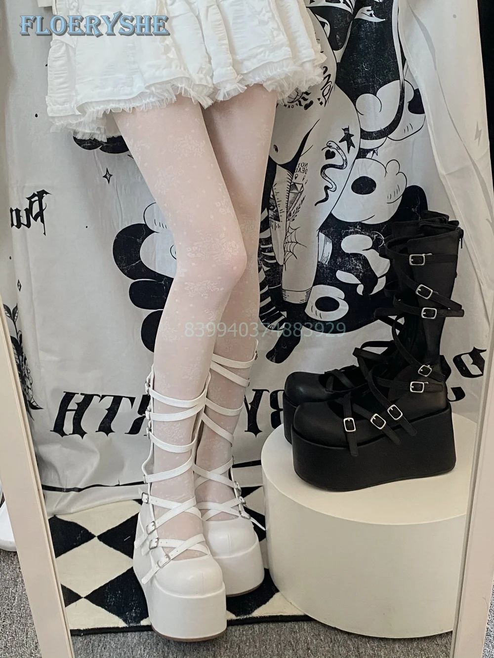 Gothic Doll Style Summer Boots Cross Tied Punk Hottie Thick Sandals Solid Black White Lolita Festival Party Shoes 2024 Niche