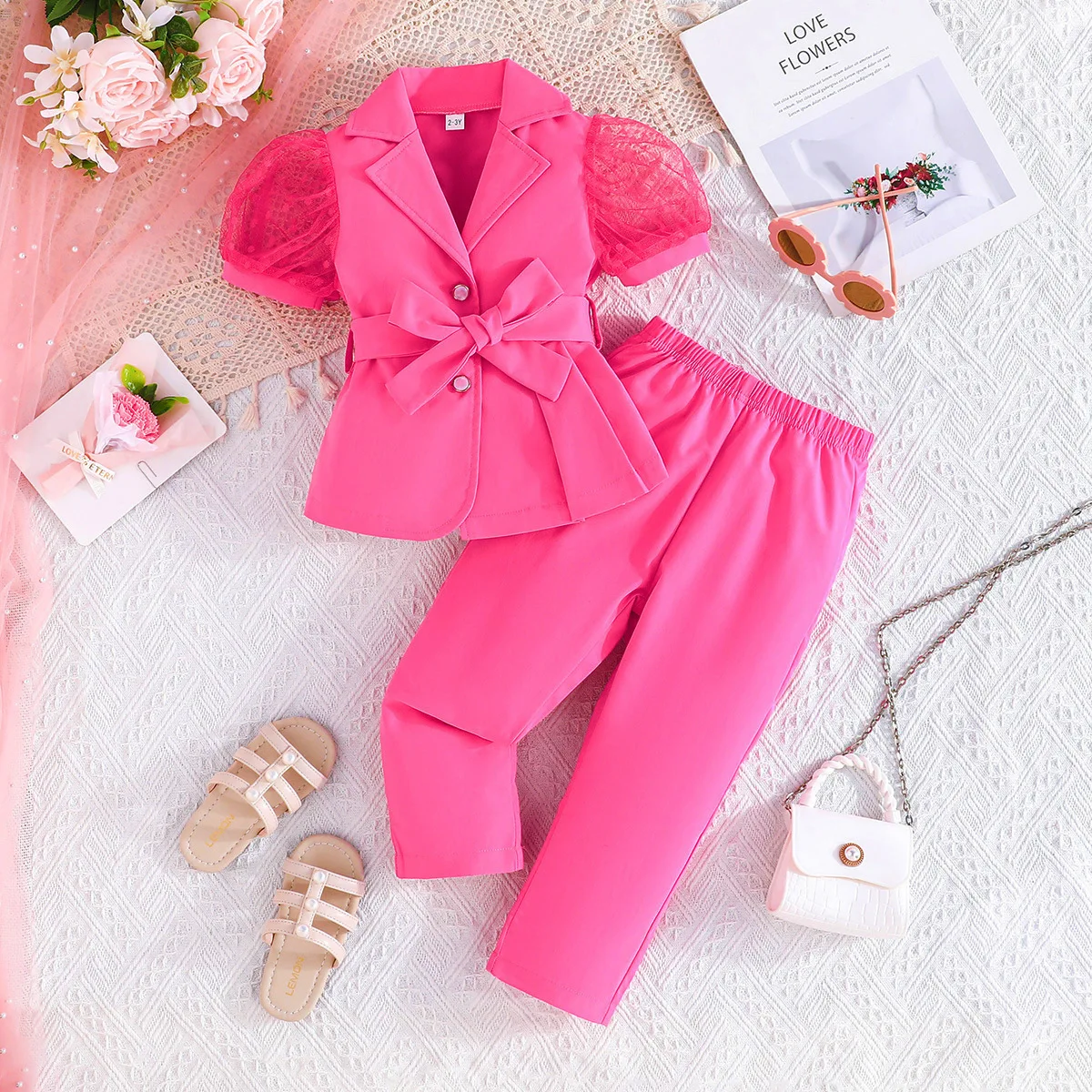Girls Puff Sleeve Blazer Straight Pants Set Bow Waist Suit Wedding Performance Outfit Flower Girl Banquet Portrait Shoot ZYD47