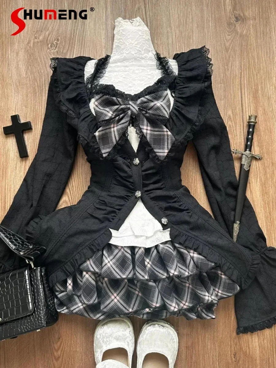 

Preppy Style Flared Sleeve Black Cardigan Top Set Women Autumn Gothic Bow Neck Vest Plaid Cake Skirt Shirt Sets Three-piece Set