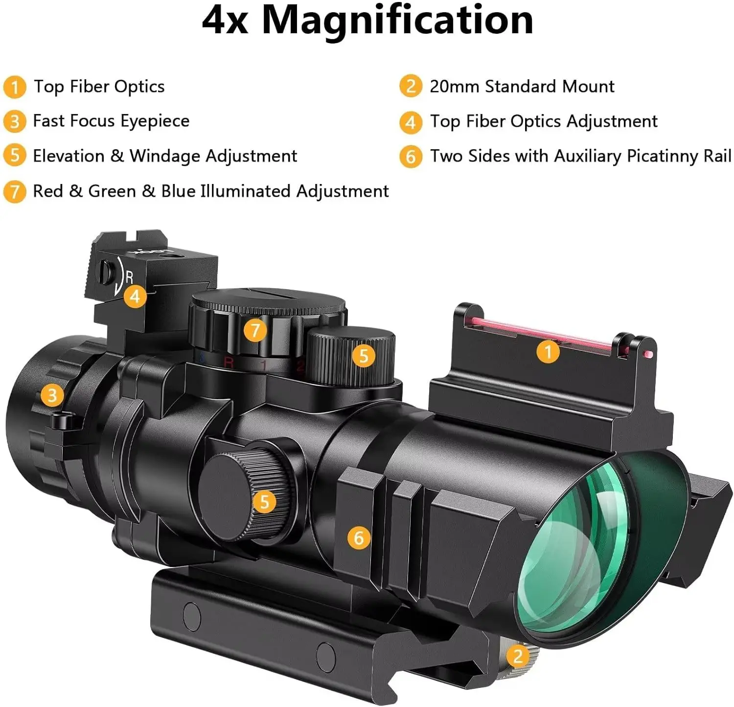 CVLIFE 4x32 Prism Tactical Rifle Scope Red & Green & Blue Illuminated Reticle Sight with Fiber Optic for 20mm Picatinny Rail