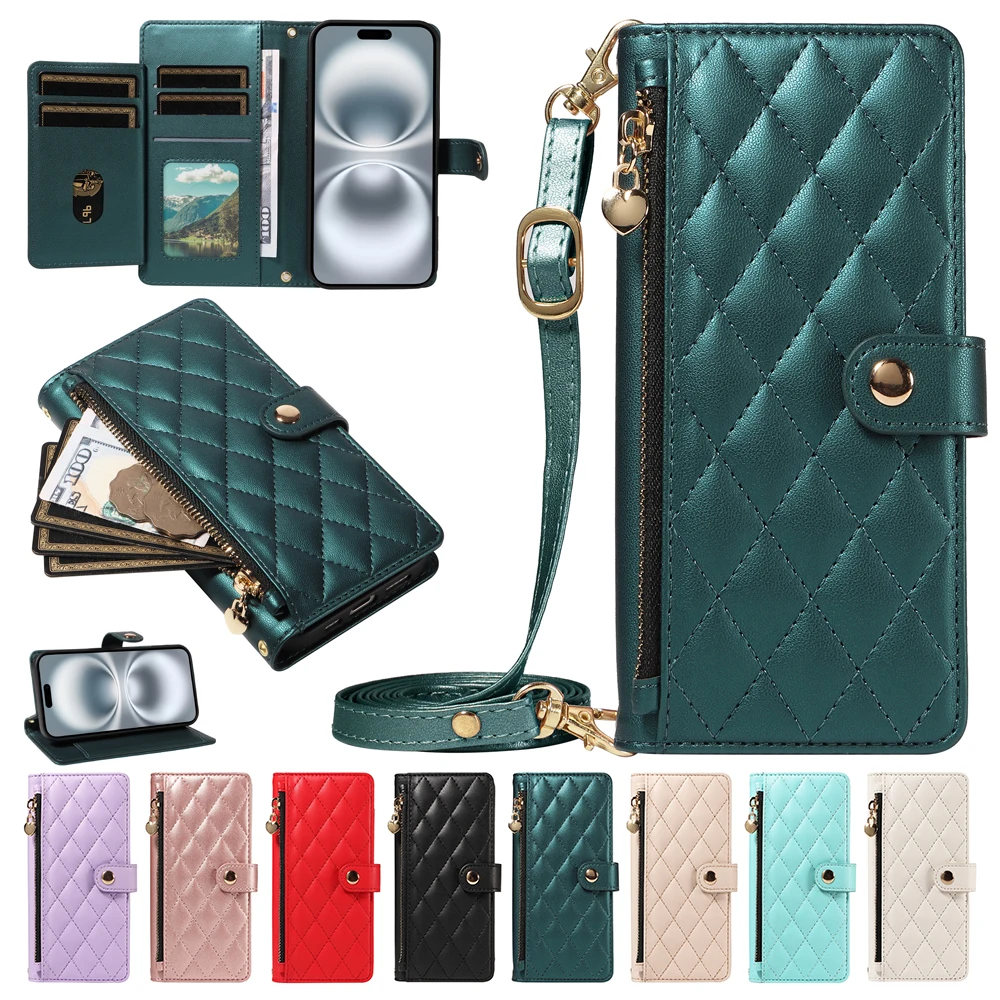 Funda con correa cruzada para iPhone 16E 16 15 14 Plus 13 12 11 Pro Max 10 XR X XS 8 7 6 6S SE3 cubierta de teléfono tipo billetera con ranura para múltiples tarjetas