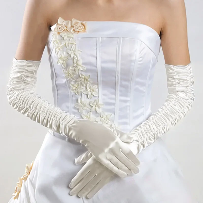 Gants de mariage longs plissés pour femmes, gants en satin à doigts complets, accessoires de mariée, blanc et noir