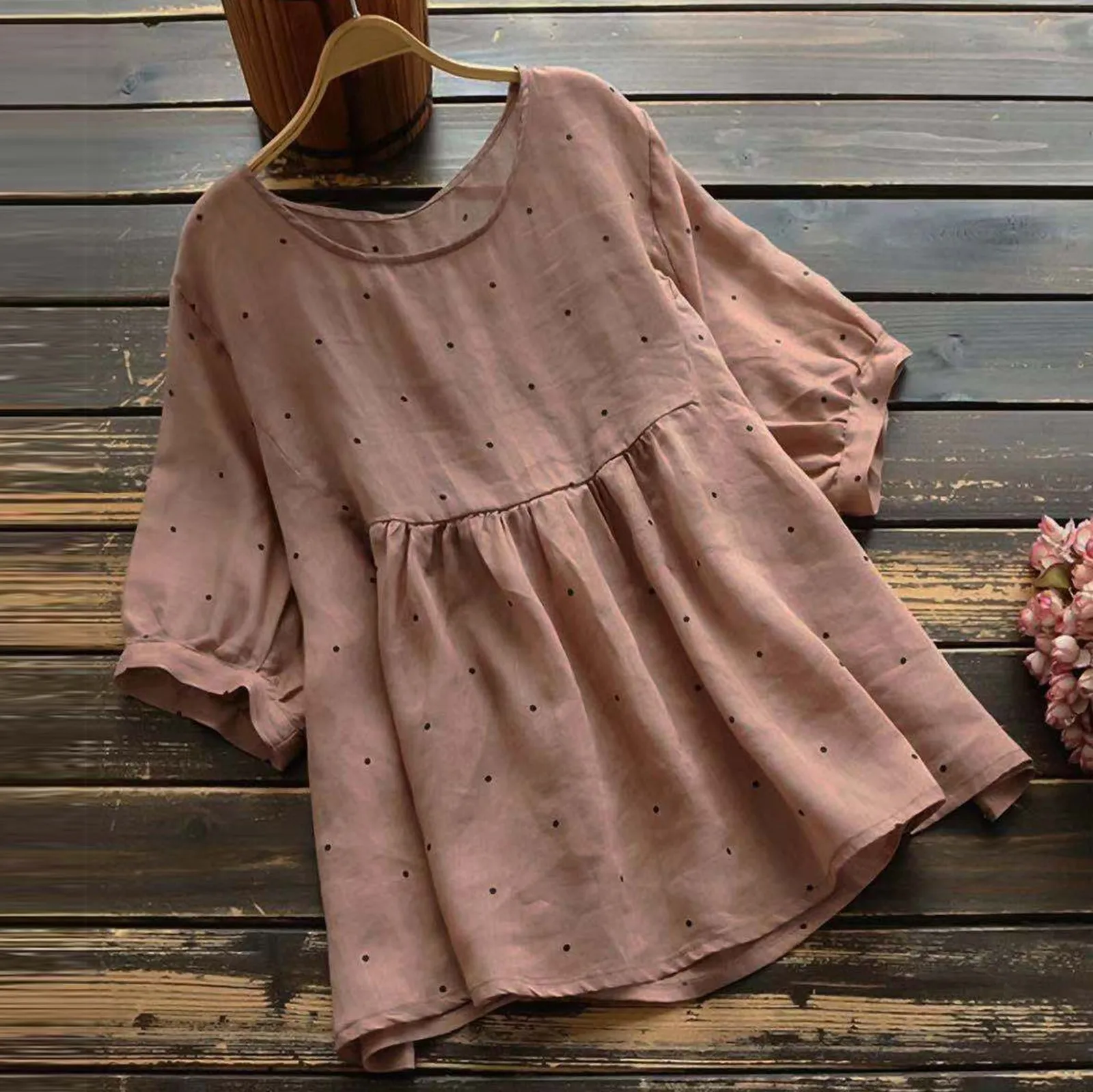 

Ruffle Blouse Summer Women's Tunic 2023 Vintage Dot Print Casual Linen Tops Female 3/4 Lantern Sleeve Blusas Pleated Shirts