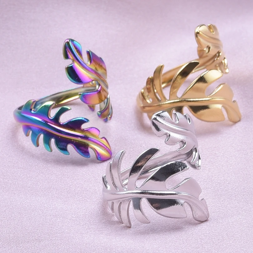 Plant Jewelry Fashion Leaf Flower Ring Open Adjustable Stainless Steel Rings For Women Men Bague Acier Inoxydables Femme Party