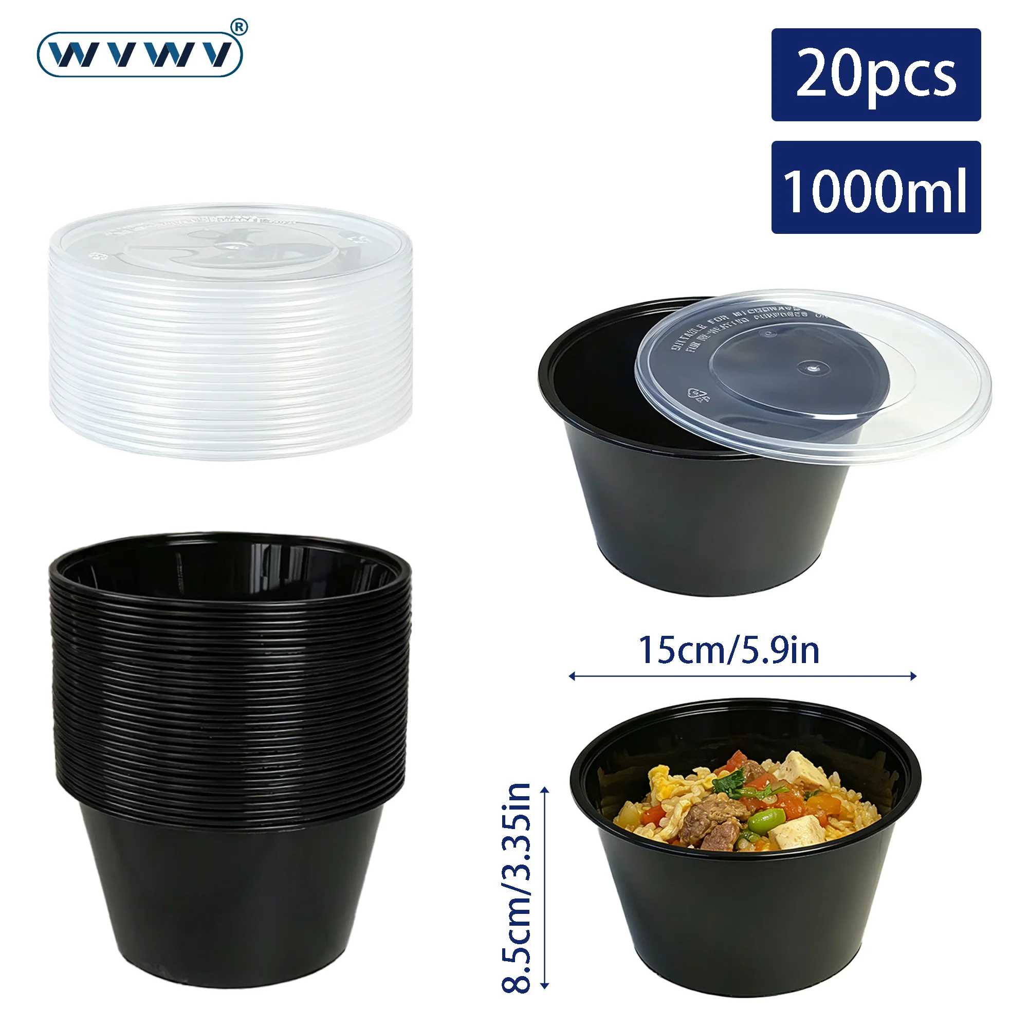 20Pcs/1000Ml, Round Disposable Lunch Boxes with Lids, Microwave and Freezer Safe, Round Food Containers, Leak-Proof Food Storage Bowls, Suitable for Hot Soups and Takeout, Essential for Picnic Parties