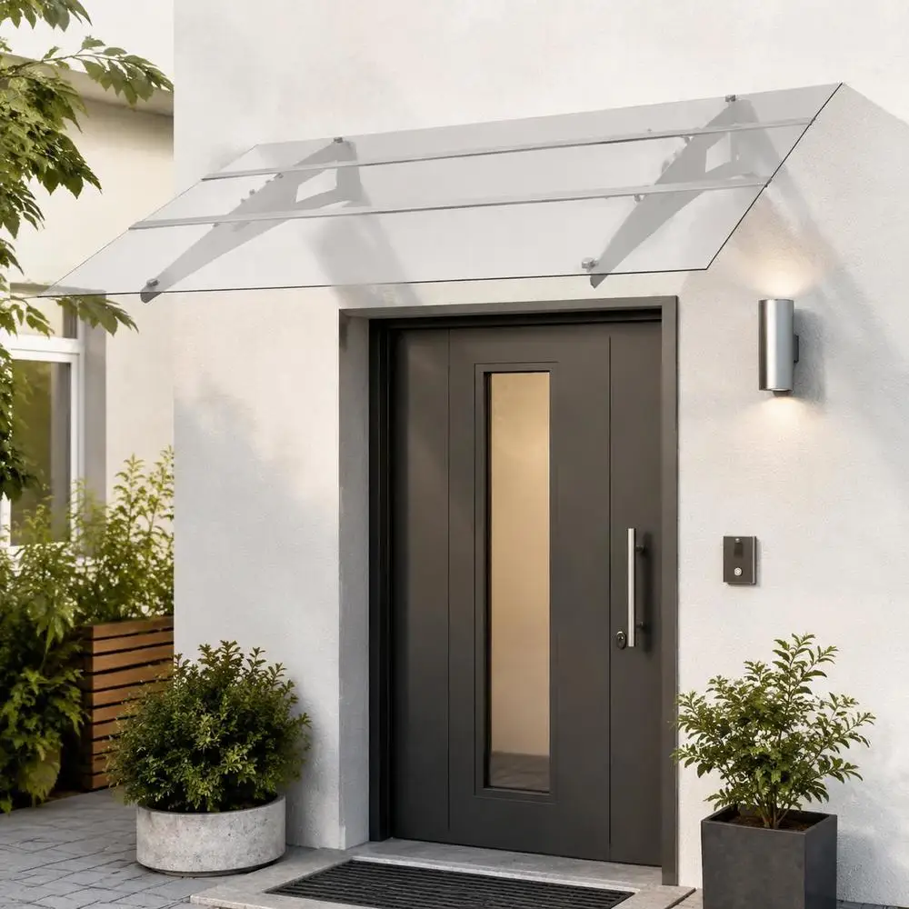 Tenda da esterno per porte, realizzata in policarbonato, con design trasparente color argento, resistente e facile da pulire, ideale per proteggere porte e finestre in ambito residenziale, dimensioni