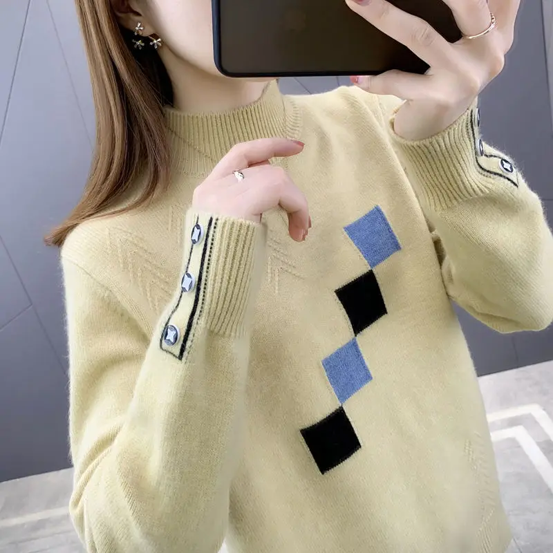 Fashion Half High Collar Knitted Button Korean Sweater Women Clothing 2022 Autumn New Oversized Casual Pullovers Loose Warm Tops