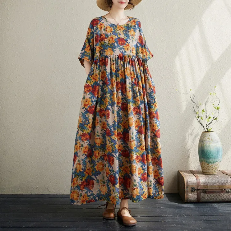 Plus Size Bohemian Print Maxi Long Dress for Women Floral Casual Cotton Linen Loose Vintage Vestidos Para Mujer Robe Dresses