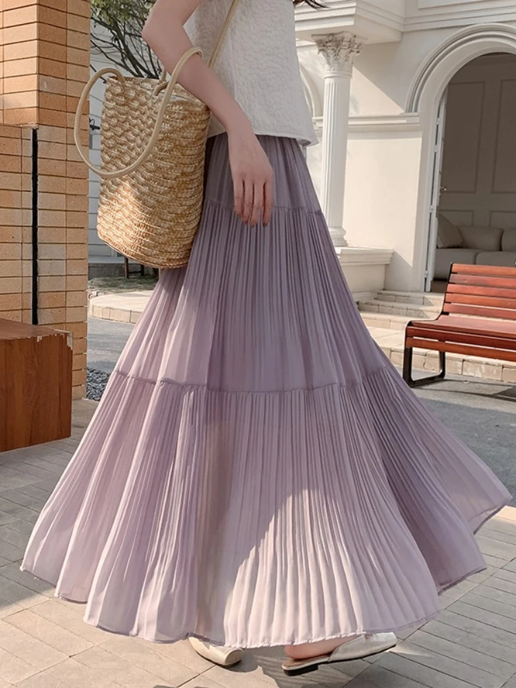 Loose Big Swing A-line Maxi Skirt 2026 Spring Autumn Pleated Chiffon Women Skirts Elegant Flowy Wide Hem Casual Bottoms