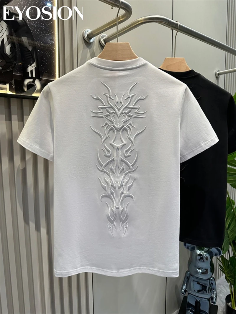 Men\'s T-shirt 3D Dragon Pattern Embroidery Tee Cotton Round Neck Short Sleeved T shirt for Men Summer New Top Plus Size