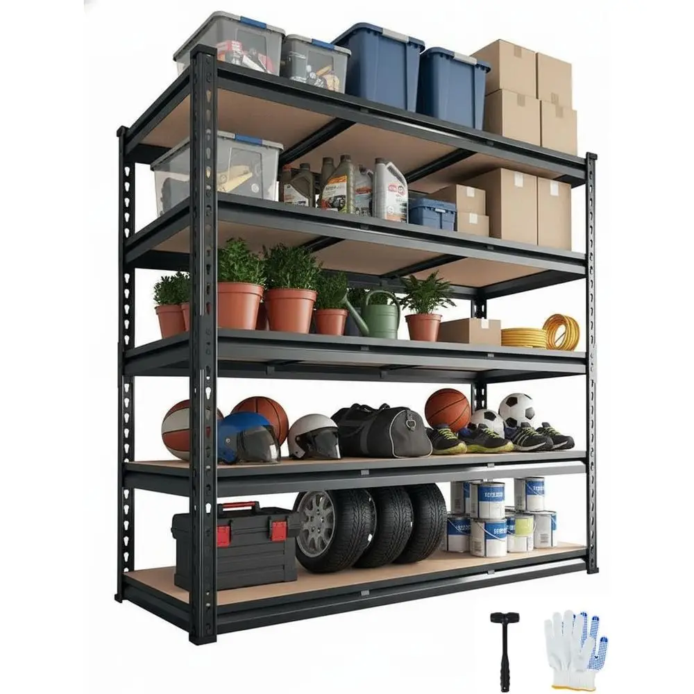 

Прочная регулируемая металлическая стеллажная система, 48x24x72 дюйма, выдерживает 3000 фунтов, 5-ярусная полка для хранения в гараже