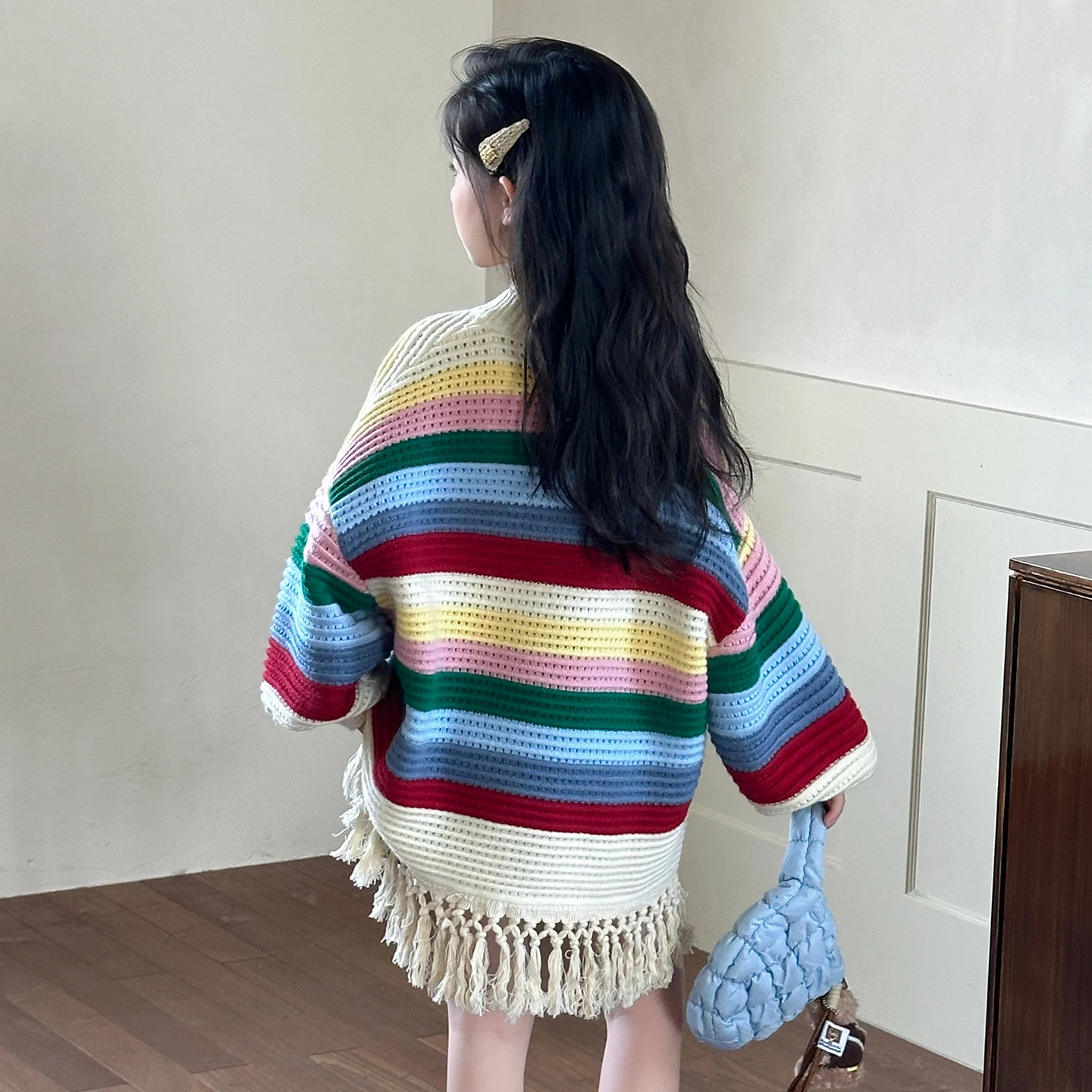 جديد الخريف الاطفال Y2K القوطية قوس قزح شريط سترة مع شرابة للمراهقات موضة الشارع البلوز كول الجوف خارج تريكو #2