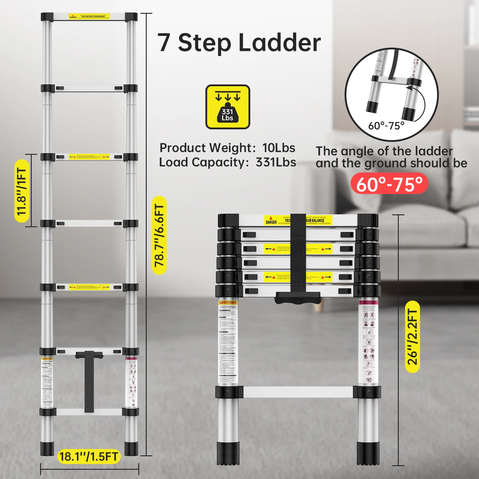 6.6FT Aluminum Telescoping Ladder,Folding Ladder Collapsible Ladder with Non-Slip Feet,Portable Multi-Purpose Extension Ladder