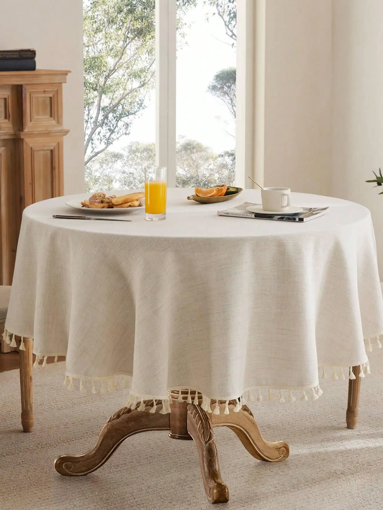 Nappe ronde en lin avec dentelle à pompons, imperméable, résistante à l'huile et aux taches, idéale pour restaurant, table de cuisine, maison, café