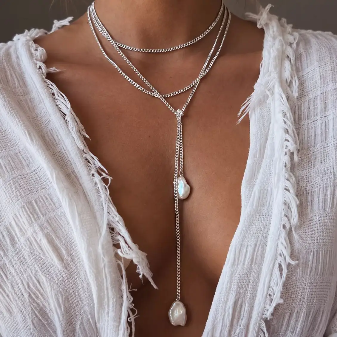 3pcs Silver Color Layered Necklace Set for Women Retro Baroque Pearl Y Chain Choker Statement Daily Party Fashion Jewelry Gifts