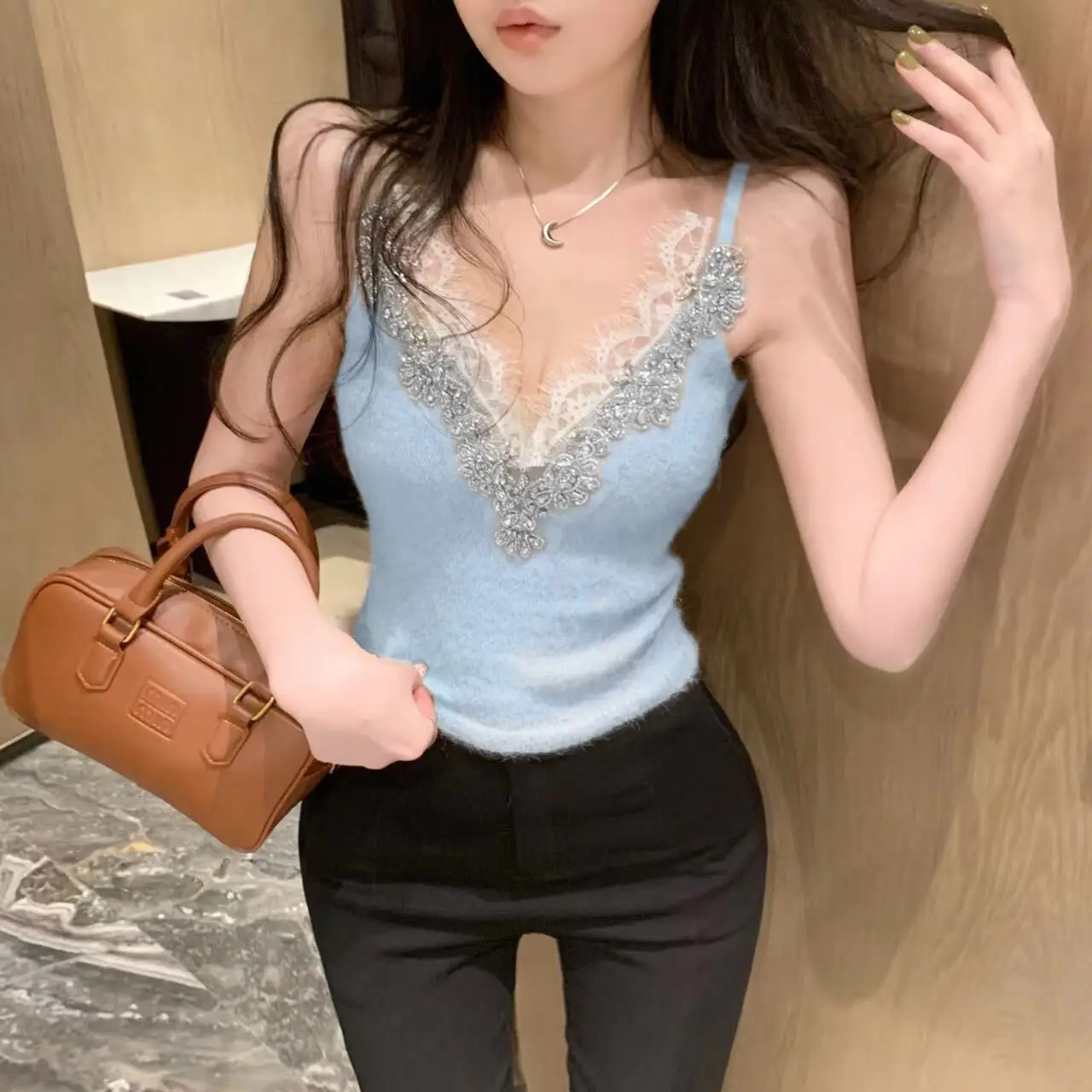 

Short Design Diamond Knitted Camisole Shirt Sexy Sleeveless Women Sweater Vest Slim Fit V-neck Patchwork Lace Tops