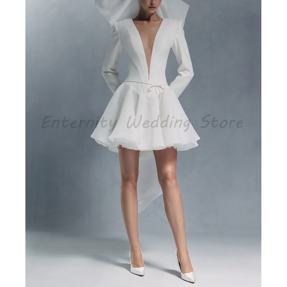 

White Deep V Neck Long Sleeve Mini Wedding Dress High Low Tulle Skirt Short Bridal Gown Bodycon Formal Party Dresses For Women