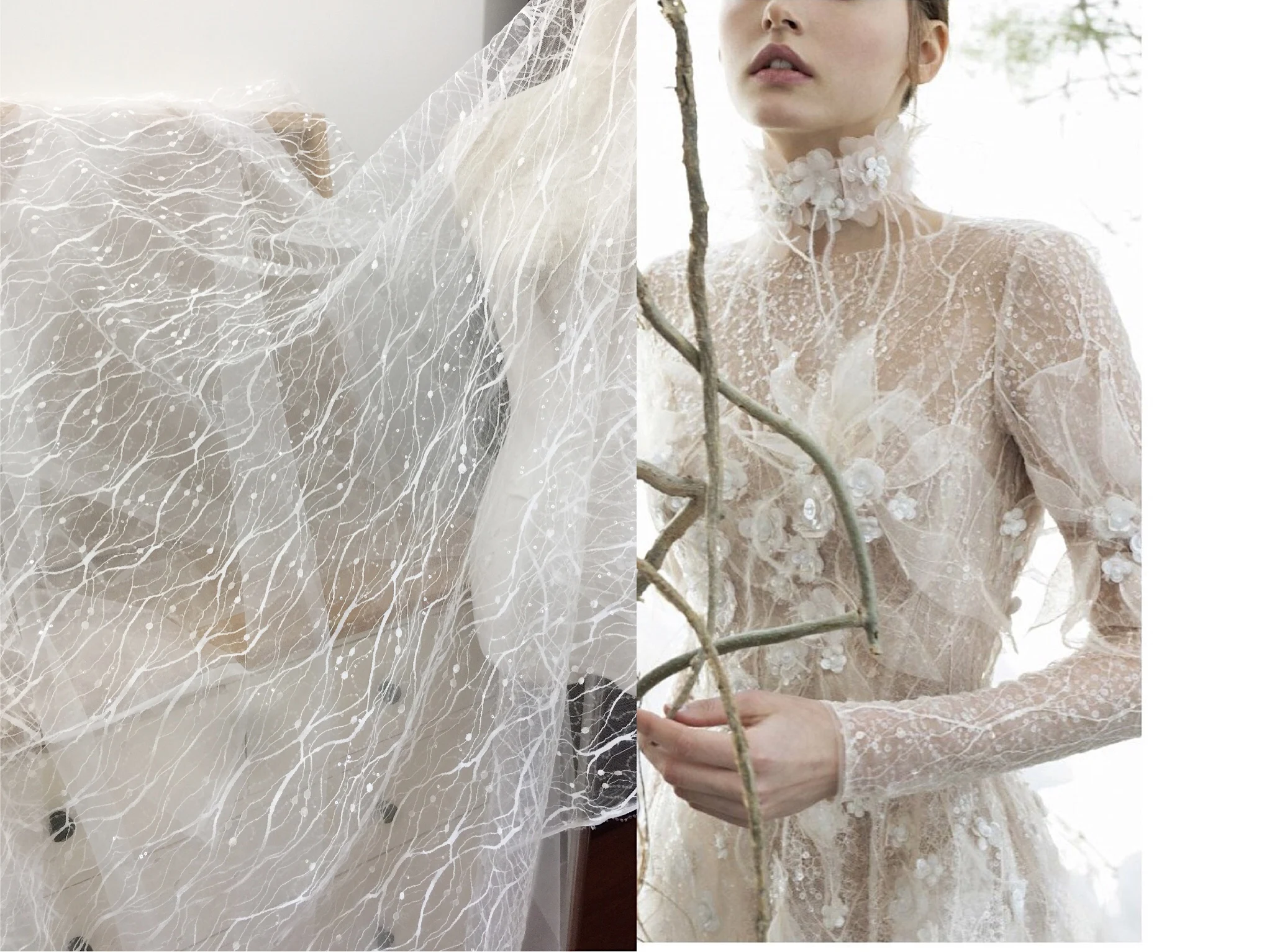 1yard price High Quality Transparent Sequins Roots Mesh Embroidered Lace Wedding Dress 150cm