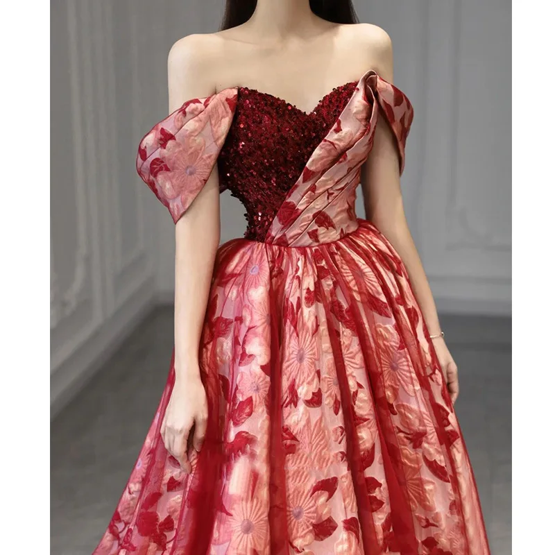 Customized Luxury Evening Dresses Long Off The Shoulder Floral Pattern Sequins Dark Red Party Prom Gown New Slim Waist Vestido D