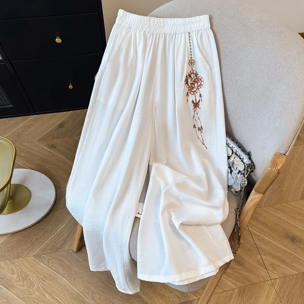 Summer Thin Cotton Linen Wide Leg Pants Women's Casual Embroidered Big Foot Pants Ethnic Style Nine Points Loose Fit Trousers