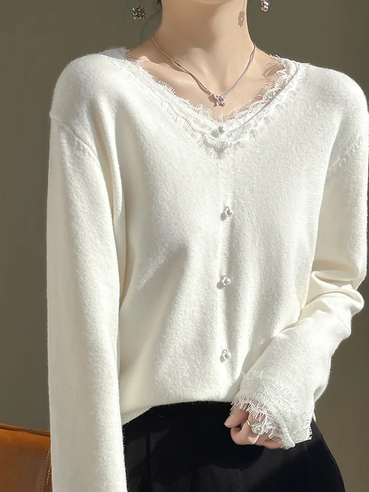

Soft Gentle Lace Trim V-Ne Base irt Faionable Outerwear Knitted Sweater Sli Trendy Women's Long Sve Top