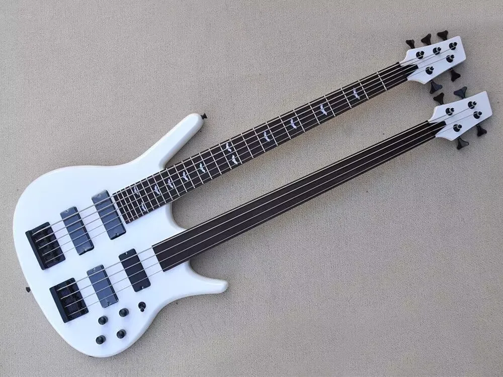 White Body 5+4 Strings Double Neck Electric bass Guitar ,Black hardware,Provide customized service