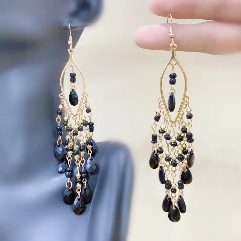 

Bohemian Black Texture Water Drop Earrings for Women Ethnic Vintage Long Geometric Alloy Dangle Earrings Party Vacation Jewelry